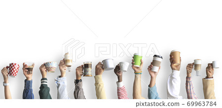 People are holding mugs and paper cups of coffee. Concept on the theme of cafes and coffee. People are holding mugs and paper cups of coffee. Concept on the theme of cafes and coffee. 69963784