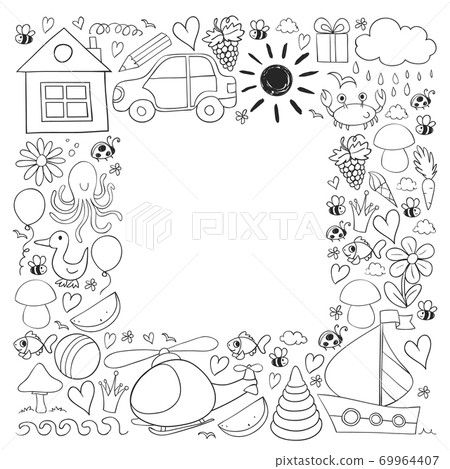 Vector kindergarten pattern with helicopter, house, toys, ship. Boys and girls online education. 69964407