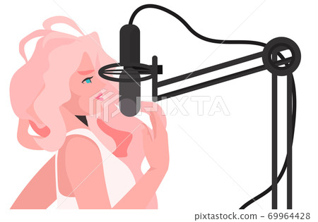blonde woman making online podcast girl talking to microphone at online radio horizontal blonde woman making online podcast girl talking to microphone at online radio horizontal 69964428