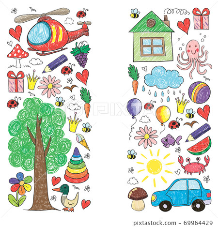 Vector kindergarten pattern with helicopter, house, toys, ship. Boys and girls online education. 69964429