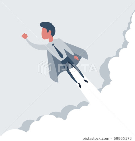 Businessman superhero flies up and leaves a cloud of dust. Super worker in the cloak takes off Businessman superhero flies up and leaves a cloud of dust. Super worker in the cloak takes off 69965173