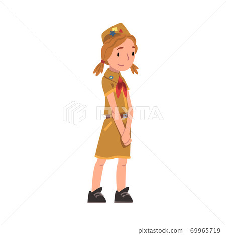 Cute Redhead Scout Girl, Scouting Kid Character Wearing Uniform and Red Neckerchief, Summer Camp Activities Vector Illustration 69965719