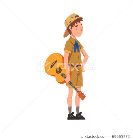 Scout Boy with Guitar, Scouting Kid Character Wearing Uniform and Neckerchief, Summer Camp Activities Vector Illustration Scout Boy with Guitar, Scouting Kid Character Wearing Uniform and Neckerchief, Summer Camp Activities Vector Illustration 69965773