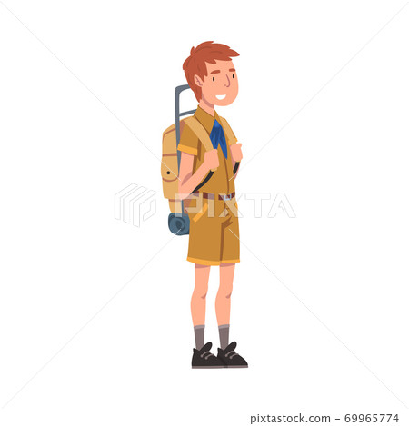 Scout Boy Standing with Backpack, Scouting Kid Character Wearing Uniform and Neckerchief, Summer Camp Activities Vector Illustration Scout Boy Standing with Backpack, Scouting Kid Character Wearing Uniform and Neckerchief, Summer Camp Activities Vector Illustration 69965774