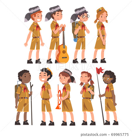 Scouts Boys and Girls Set, Scouting Kids Characters Wearing Uniform and Red Neckerchiefs, Summer Camp Activities Vector Illustration Scouts Boys and Girls Set, Scouting Kids Characters Wearing Uniform and Red Neckerchiefs, Summer Camp Activities Vector Illustration 69965775