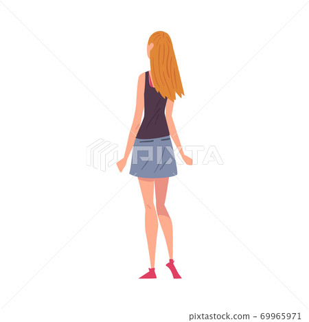 Back View of Girl, Young Woman Viewed from Behind Wearing Tank Top and Short Skirt and Looking at Something Cartoon Style Vector Illustration 69965971