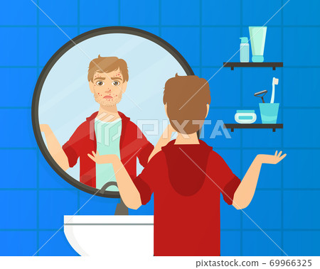 Guy with Skin Problems Looking at Himself into Mirror in Bathroom Vector Illustration Guy with Skin Problems Looking at Himself into Mirror in Bathroom Vector Illustration 69966325