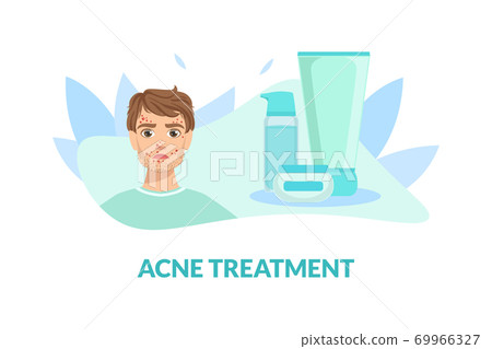 Acne Treatment Banner Template, Guy with Skin Problems Vector Illustration 69966327