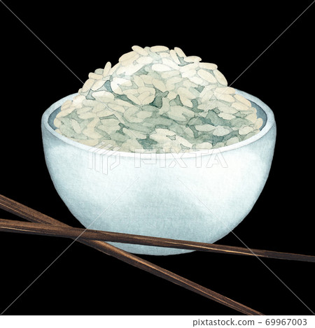 Watercolor bowl of white rice with the wooden sticks 69967003