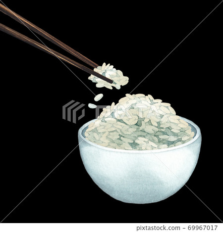 Watercolor bowl of white rice with the wooden sticks 69967017