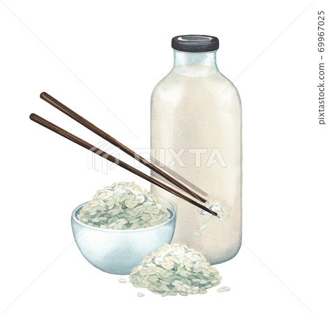Watercolor glass bottle of the plant based milk with the bowl of rice and wooden sticks Watercolor glass bottle of the plant based milk with the bowl of rice and wooden sticks 69967025