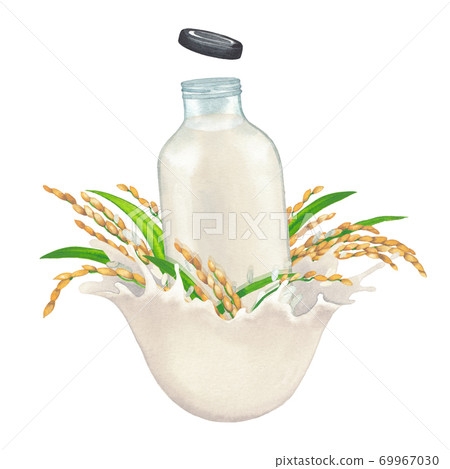 Watercolor glass of the plant based milk decorated with splashes and rice. 69967030