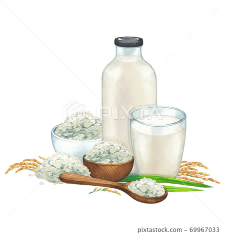 Watercolor bottle and glass of the plant based milk decorated with bowls and spoon of rice and cereals Watercolor bottle and glass of the plant based milk decorated with bowls and spoon of rice and cereals 69967033