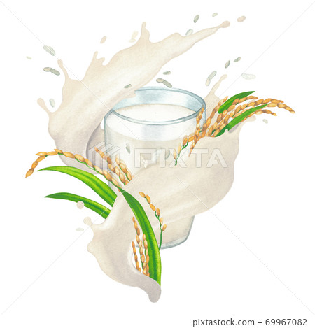 Watercolor plant based milk stream with rice sticks and leaves flowing around the glass Watercolor plant based milk stream with rice sticks and leaves flowing around the glass 69967082