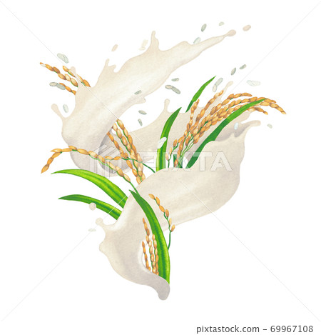 Watercolor splash of plant based milk with rice sticks and leaves 69967108