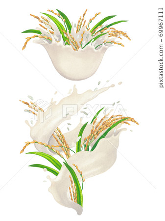 Watercolor splashes of plant based milk with rice sticks and leaves 69967111