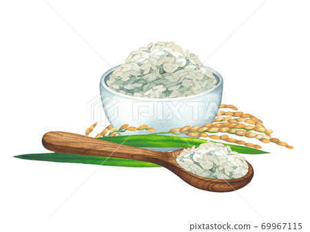 Watercolor bowl of rice decorated with cereals and wooden spoon. 69967115