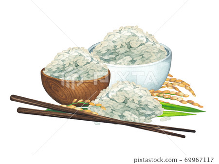 Watercolor bowls of rice decorated with cereals and wooden sticks. 69967117