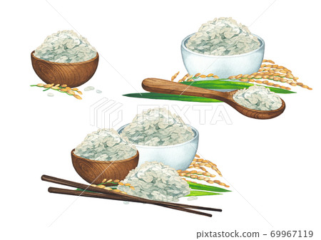 Watercolor collection of bowls of rice decorated with cereals and wooden sticks. 69967119