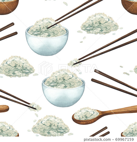 Watercolor seamless pattern of rice in the bowls, wooden sticks and spoon. 69967159
