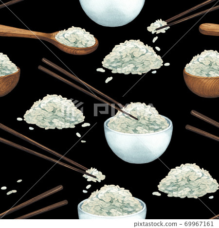 Watercolor seamless pattern of rice in the bowls, wooden sticks and spoon. 69967161