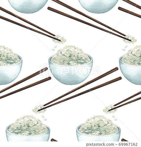Watercolor seamless pattern of rice in the bowls, wooden sticks and spoon. 69967162