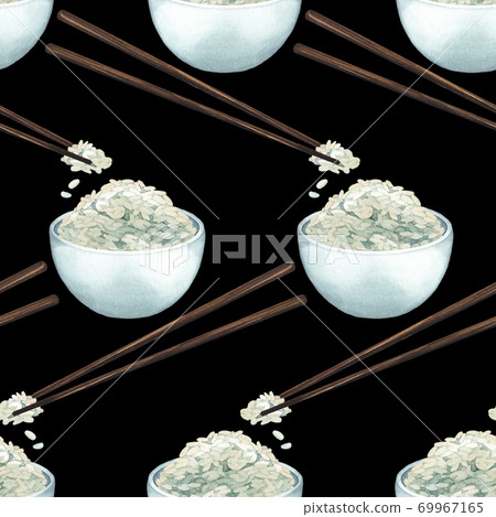 Watercolor seamless pattern of rice in the bowls, wooden sticks and spoon. 69967165