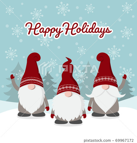 三個可愛的聖誕小矮人。聖誕賀卡設計 三個可愛的聖誕小矮人。聖誕賀卡設計 69967172