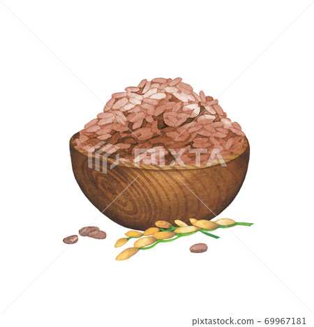 Watercolor wooden bowl of brown rice decorated with cereal stick. 69967181