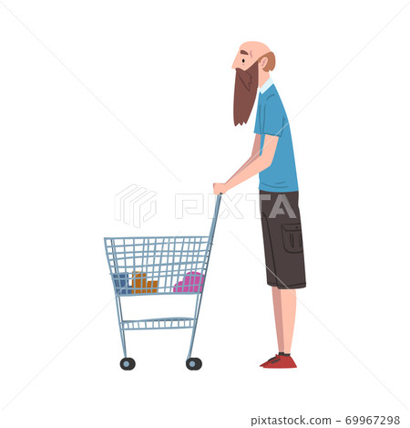 Bald Bearded Man Standing with Shopping Cart, Person Shopping Groceries at Mall or Supermarket Cartoon Style Vector Illustration Bald Bearded Man Standing with Shopping Cart, Person Shopping Groceries at Mall or Supermarket Cartoon Style Vector Illustration 69967298