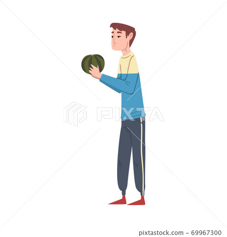 Guy Holding Watermelon, Guy Shopping Groceries at Mall or Supermarket Cartoon Style Vector Illustration on White Background Guy Holding Watermelon, Guy Shopping Groceries at Mall or Supermarket Cartoon Style Vector Illustration on White Background 69967300