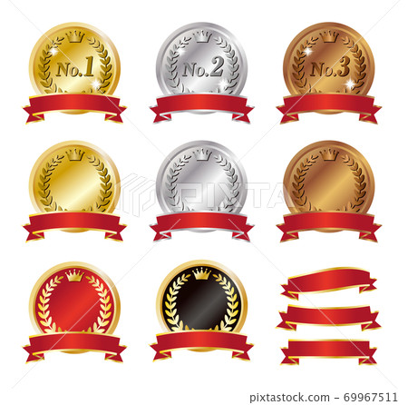 Shining three-dimensional red ribbon gold silver bronze ranking medal icon / white background 69967511
