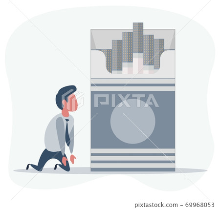 Sick man on the knees beside the Open cigarettes pack box . flat style illustration isolated on a 69968053