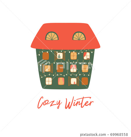 Christmas house isolated on white. Winter house. Cartoon happy new year city building. Merry Christmas Christmas house isolated on white. Winter house. Cartoon happy new year city building. Merry Christmas 69968558
