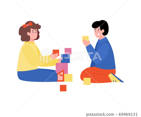 Kids play with toys bricks flat cartoon vector illustration isolated on white. 69969131
