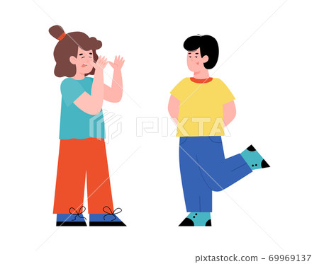 Little kid teasing and taunting another, flat vector illustration isolated. Little kid teasing and taunting another, flat vector illustration isolated. 69969137