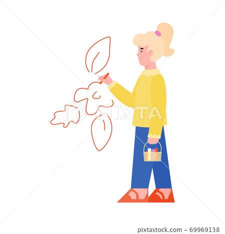 Girl draws a red flower on the wall a flat cartoon isolated vector illustration 69969138