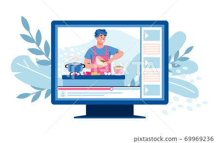 Vlogger on the player screen with cooking recipes a vector isolated illustration Vlogger on the player screen with cooking recipes a vector isolated illustration 69969236