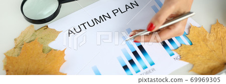 Fallen leaves lie on table business plan magnifier closeup. Fallen leaves lie on table business plan magnifier closeup. 69969305