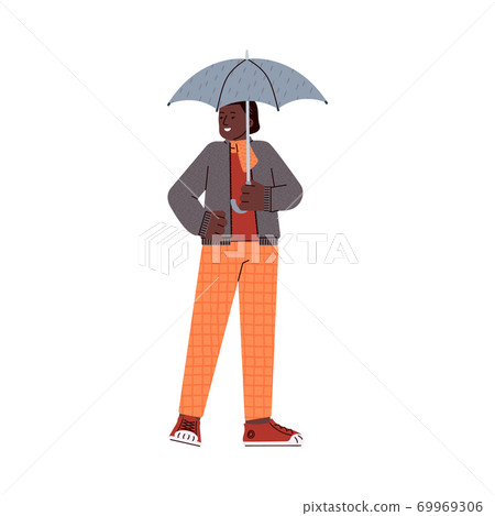 City woman in autumn clothes with umbrella flat vector illustration isolated. City woman in autumn clothes with umbrella flat vector illustration isolated. 69969306