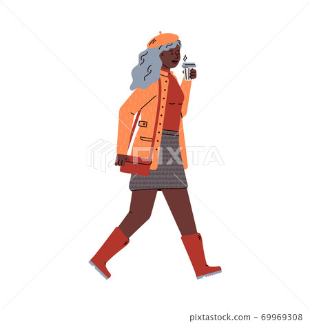 Woman in rain boots walks in autumn season cartoon vector illustration isolated. Woman in rain boots walks in autumn season cartoon vector illustration isolated. 69969308