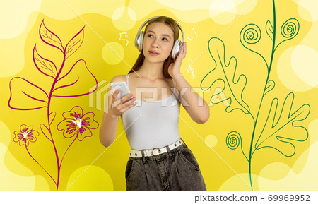 Caucasian woman's portrait isolated on bright, modern illustrated background. Caucasian woman's portrait isolated on bright, modern illustrated background. 69969952