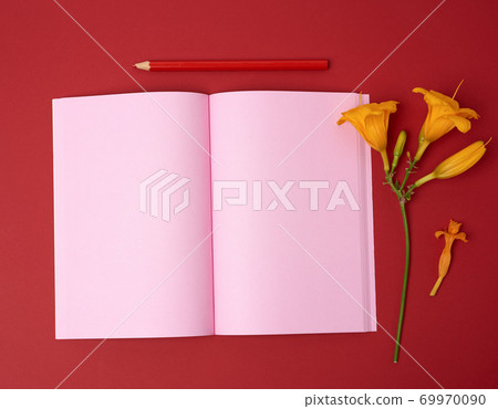open notebook with empty pink sheets and yellow flower on a red background 69970090