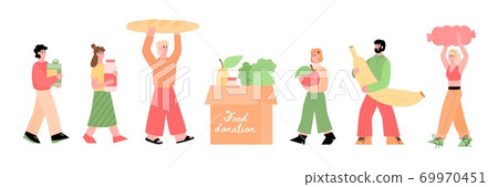 People donating food in donation box, flat cartoon vector illustration isolated People donating food in donation box, flat cartoon vector illustration isolated 69970451