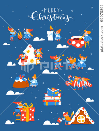Cartoon Christmas hygge card with funny gnomes and lettering. 69970863