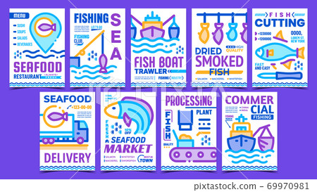 Fishing Industry Advertising Posters Set Vector Fishing Industry Advertising Posters Set Vector 69970981