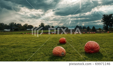 A mysterious landscape where an angel's ladder appears 69971146