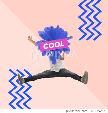 Man's body headed by blue flower jumping on modern illustrated background. Contemporary art collage. Man's body headed by blue flower jumping on modern illustrated background. Contemporary art collage. 69975214