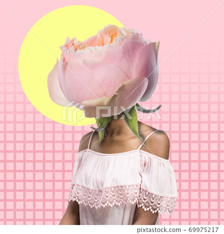 Contemporary art collage. A woman's body with beautiful rose as a head on modern illustrated background. Contemporary art collage. A woman's body with beautiful rose as a head on modern illustrated background. 69975217