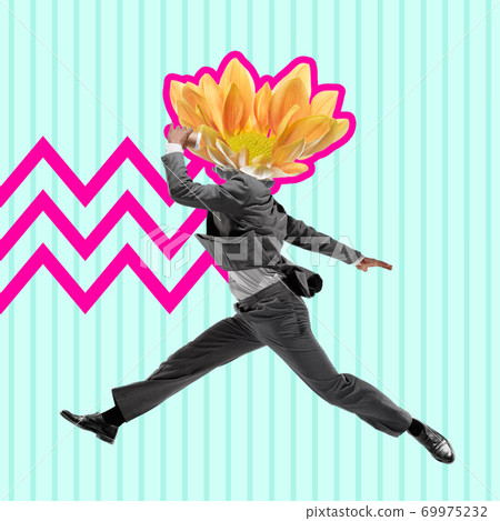Office man in grey suit like a ballet dancer or performer with yellow flower as a head on blue background. Contemporary art collage Office man in grey suit like a ballet dancer or performer with yellow flower as a head on blue background. Contemporary art collage 69975232